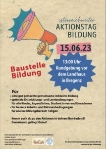 AKTIONSTAG BILDUNG, am 15. Juni 2023 in ganz Österreich und in Vorarlberg um 13h vor dem Landhaus in Bregenz